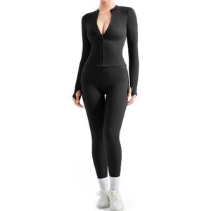 SUUKSESS Women 2 Piece Seamless Ribbed Workout Sets With Zip Up Jacket High Waisted Gym Yoga Leggings (Medium, Black)