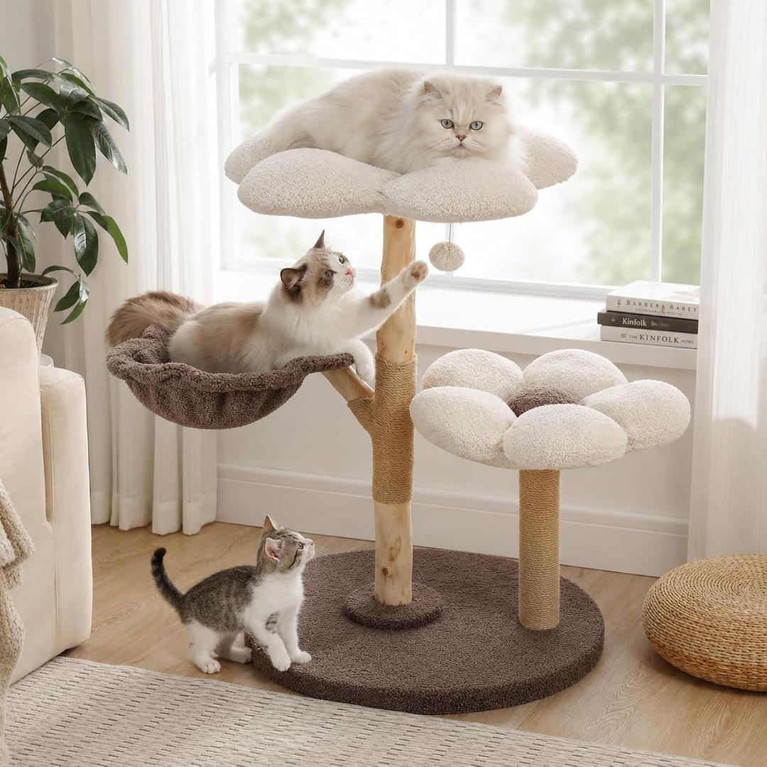 Multi-Level Modern Solid Cat Tree for Indoor Medium-Large Cats
34" Natural Solid Wood Cat Tower, Scratching Post, Cloud-Soft Flower Perches, Large Hammock and Toy Ball, 23.62"L x 18.9"W x 33.86"H