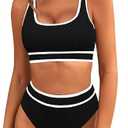 BMJL Women's High Waisted Bikini Sets Sporty Two Piece Swimsuits Color Block Cheeky High Cut Bathing Suits L