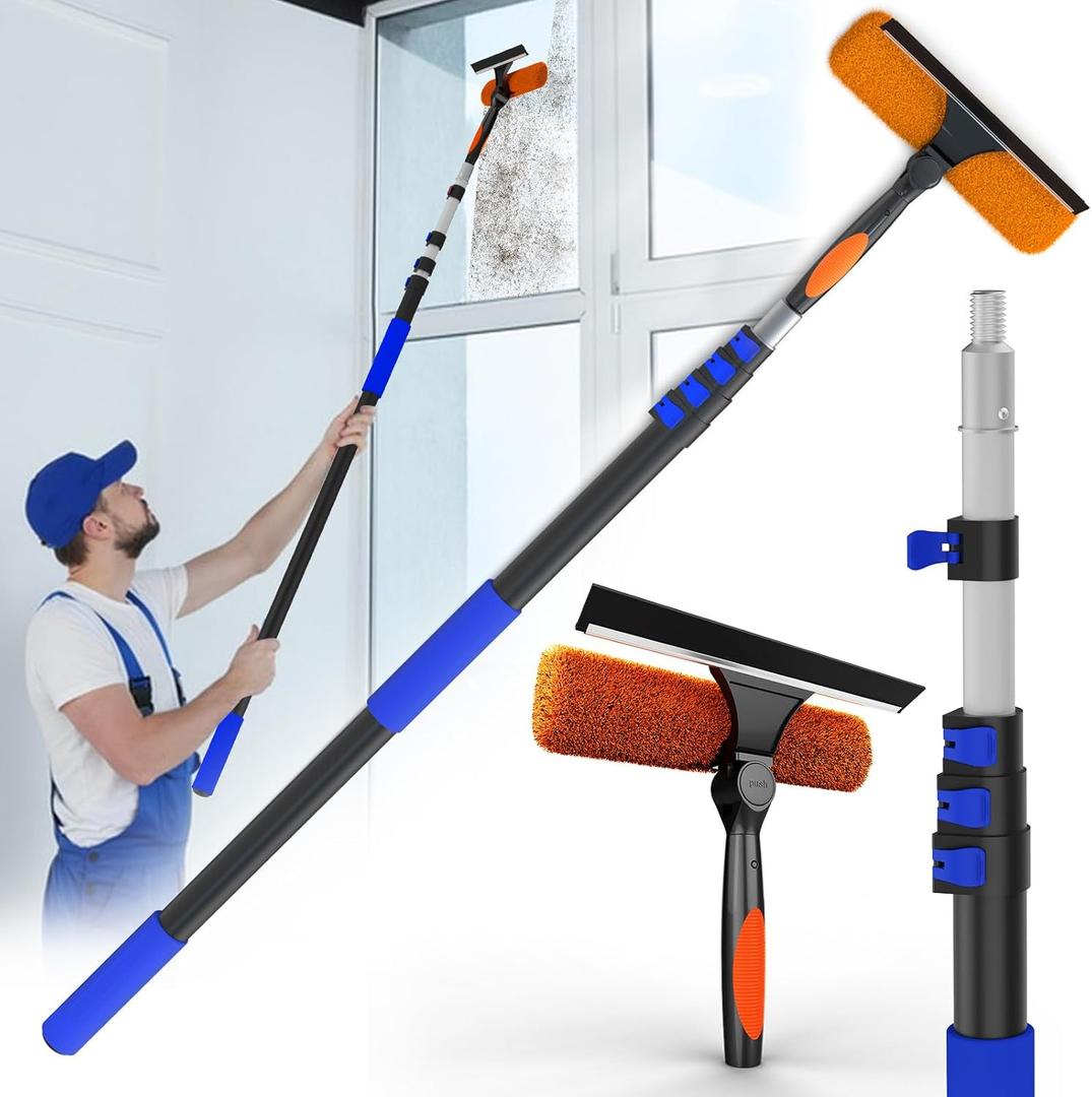 26FT Reach Window Squeegee for Window Cleaning Kit with 5-20 Foot Telescoping Extension Pole, 2 in 1 Window Squeegee, Cobweb Duster, Dust Kit Window Washing Kit for Car, Shower Glass Door