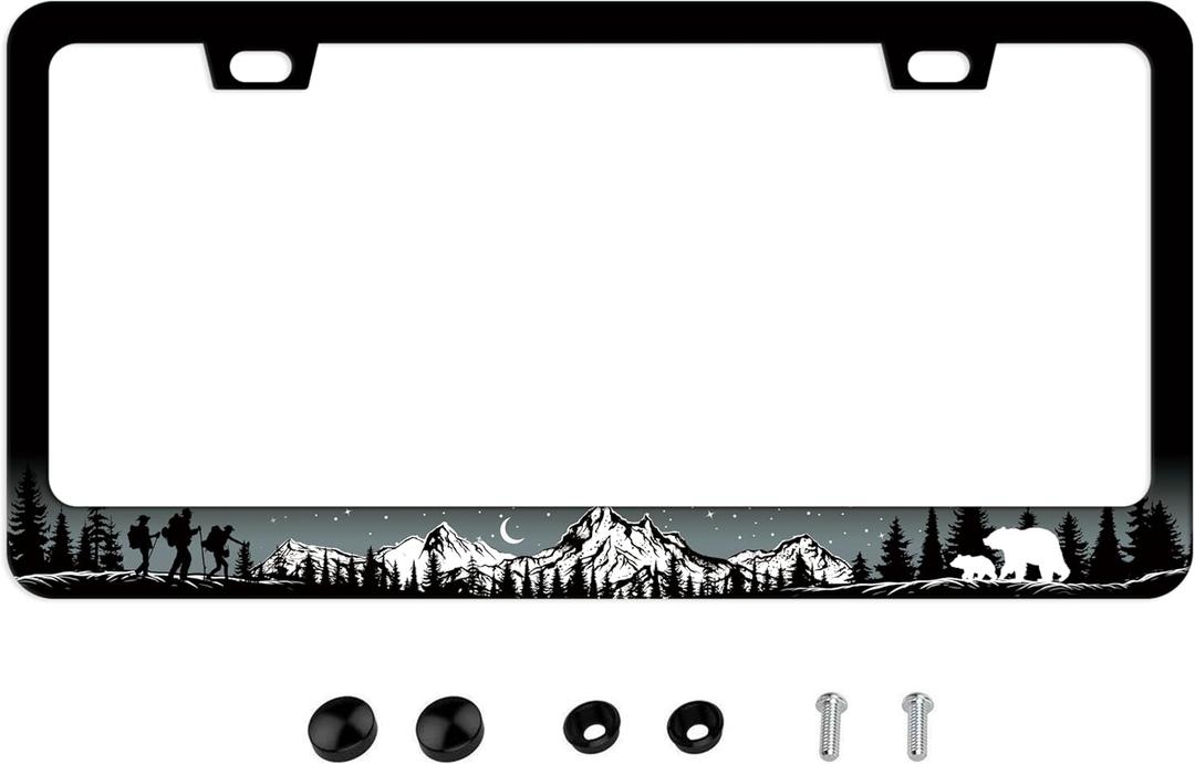 Mountains License Plate Frame Camping  Adventure Awaits License Plate Frames Forest Animal Bear Car Tag Frames Auto Wildlife Plates Tags for Women Men
