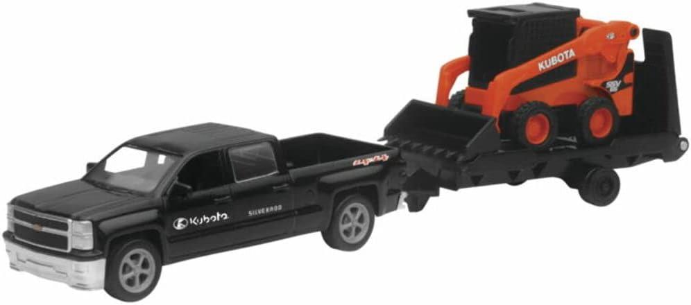 New Ray New 10" NEWRAY KUBOTA Collection - Kubota SSV65 Skid Steer with Black Chevy Pickup & Trailer (Orange, Black) Model by Toys