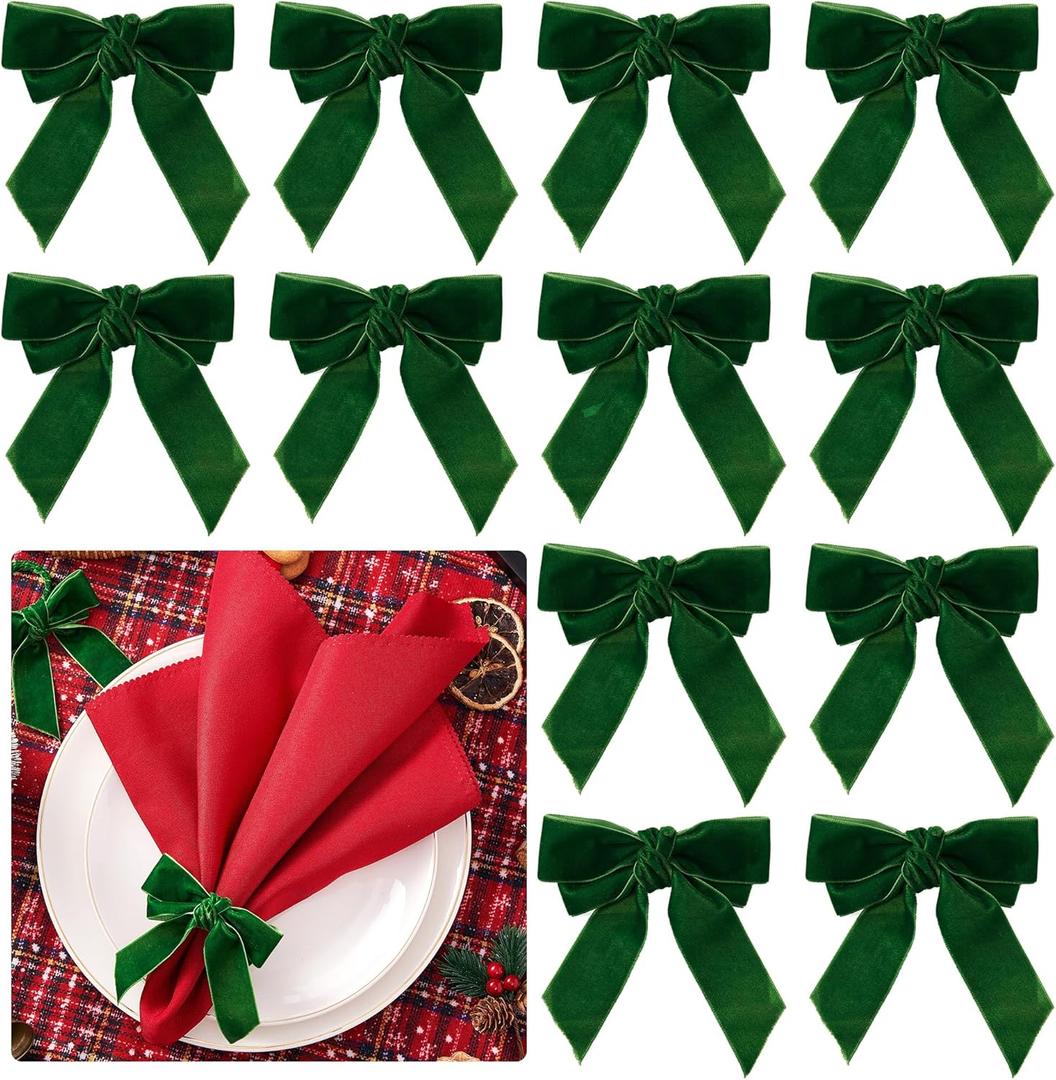 APTWOW Christmas Napkin Rings Set of 12 - Green Bow Velvet Napkin Holders, Chic Xmas Holiday Napkin Rings for Birthday Party, Anniversary Dinner, and Wedding Table Decorations