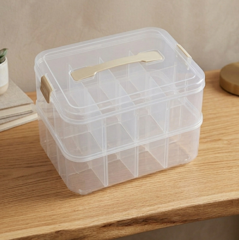 2 Layer Stack & Carry Box, Plastic Multipurpose Portable Storage Container Box Handled Organizer Storage Box for Organizing Stationery, Sewing, Art Craft, Jewelry and Beauty Supplies (Clear)