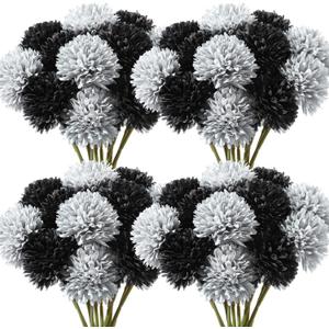 48 Pcs Artificial Chrysanthemums Ball Bouquet Black Halloween Faux Marigold Flowers Plastic Hydrangea Fake Silk Flowers for Dia De Los Muertos Home Party Table Decor(Black, Silver)
