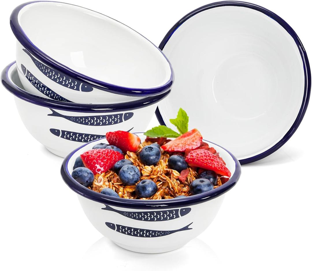 Peohud Set of 4 Enamel Bowls, 16 Oz Classic Round Cereal Bowl with Blue Rim, Vintage Enamelware for Salad, Soup, Fruit, Oatmeal