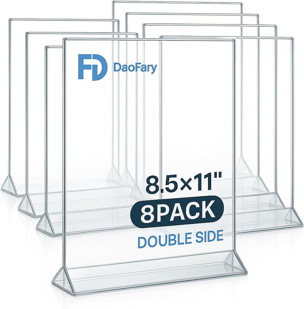 Daofary 8 Pack Acrylic Sign Holder 8.5 x 11, Double Sided Picture Frame Stand up Table Top Sign Holders, Clear Display Stand Menu Flyer Holder for Wedding Party (Provide Non-slip Mats)