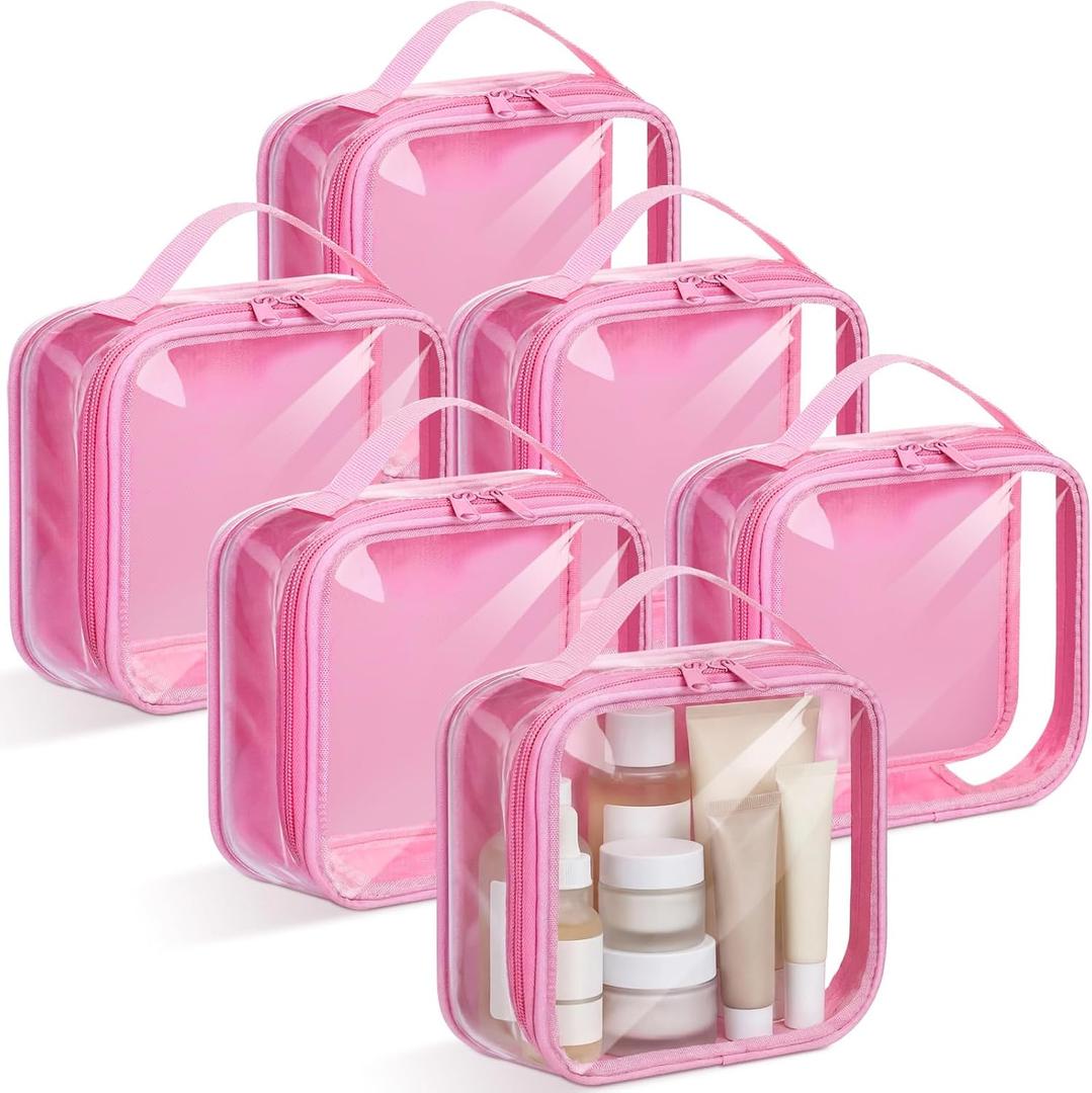 Abbylike 6 Pcs Clear Toiletry Bags Travel Bags Small Clear Makeup Bag with Handle Quart Size Travel Pouches with Zipper for Airport Security Car Organizer Bag for Women Girls(Pink)