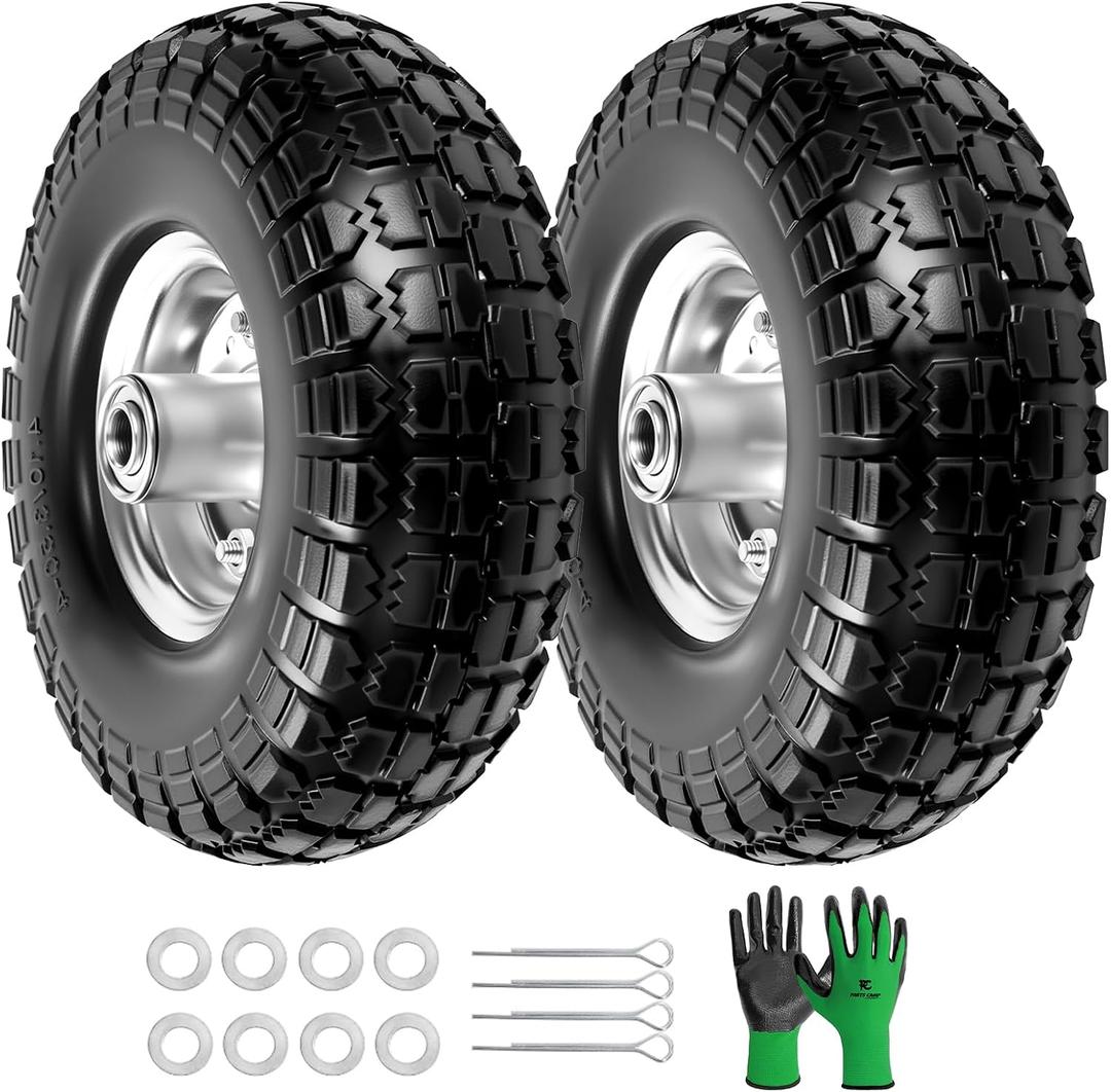 Parts Camp 4.10/3.50-4 tire replacement gorilla cart tires 10" Flat-Free Solid Tires and Wheels hand truck tires dolly tires wagon wheels With 5/8" Bearings 2.15" Offset Hub 2Pack
