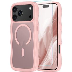 SunStory Compatible with iPhone 17 Pro Case with HD Screen Protector, [Compatible with MagSafe] Cute Wave Translucent Matte Phone Case for iPhone 17 Pro (Pink)