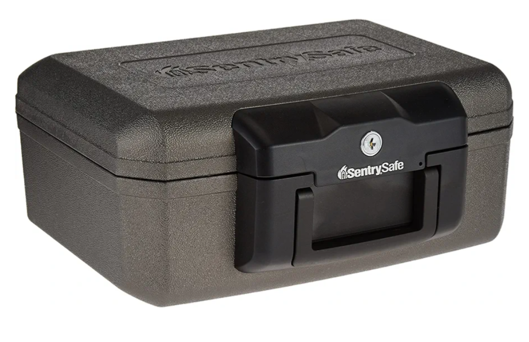 SentrySafe Fireproof Safe with Key Lock, Chest Lock Box for Home or Travel Secures Money, Documents, 0.18 Cubic Feet, 6.1 x 14.3 x 11.2 Inches, 1210
