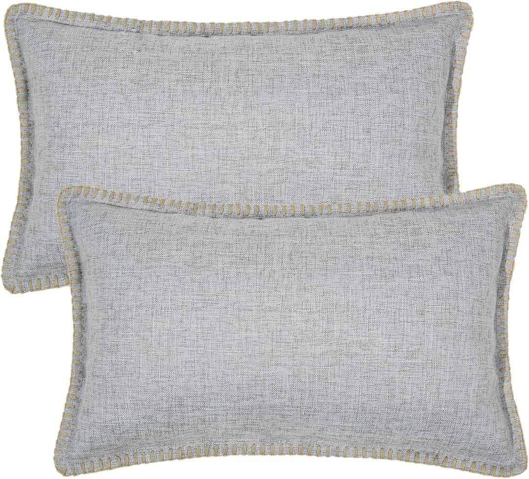 decorUhome Decorative Outdoor Throw Pillow Covers 12x20 Set of 2, Lumbar Linen Rustic Farmhouse Pillow Covers with Stitched Edge for Couch, Sofa, Living Room, Light Grey (20" x 12" (Pack of 2))