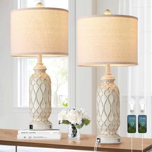 28" Table Lamps for Living Room Set of 2, Farmhouse Lamps for Bedroom with USB Ports, 3-Way Dimmable Nightstand Table Lamp (Bulbs Included) (Touch Control-Beige2)