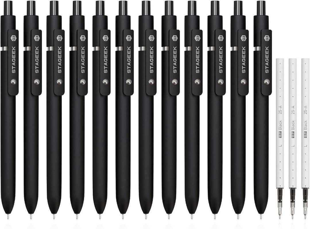STAGEEK Black Gel Pens GX3, 12Pcs Fine Point Smooth Writing Pens with 3 Extra Refills, Quick Dry Black Ink Pens for Journaling, Office, Note Taking, School Supplies, Nurse Aesthetic(Black)
