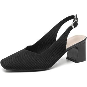 Women's Knit Slingback Heels Pumps with Adjustable Ankle Strap Fashion Breathable Closed Square Toe Chunky Heel Mules Sandals Work Office Wedding Dressy Shoes (Black) Size: 37