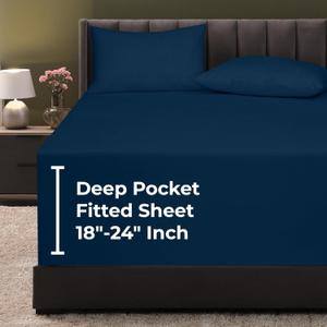 Royale Linens Extra Deep Pocket Twin Fitted Sheet Only - Twin Size Deep Pocket Navy Fitted Sheet - Fits 18 inch to 24 inch Thick Mattress - Soft & Breathable Elastic Sheets (39x75 Inches, Navy)