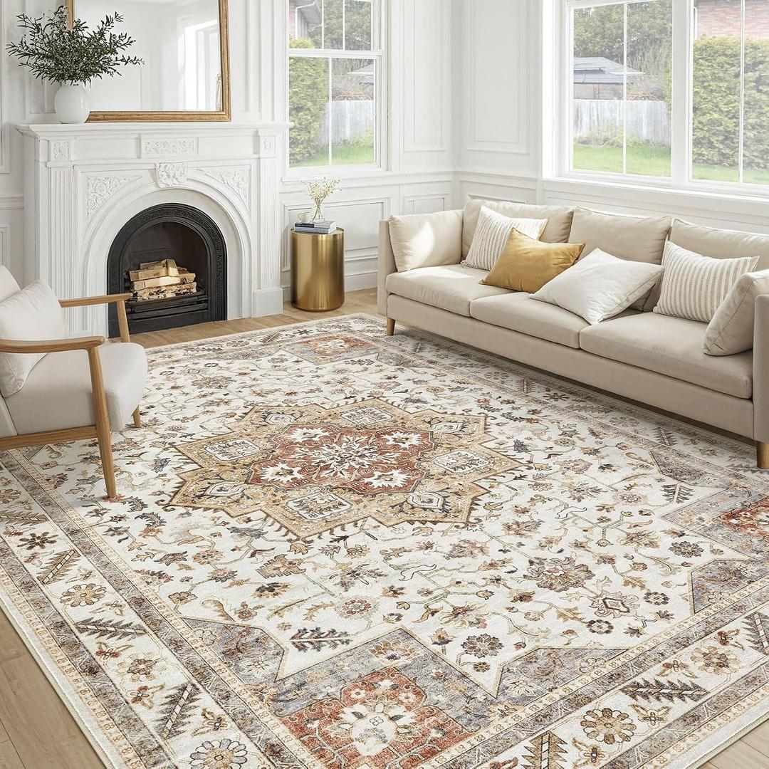 Vintage Living Room Area Rug 9x12 - Large Soft Washable Oriental Traditional Distressed Farmhouse Rugs for Bedroom - Indoor Floor Accent Carpet for Home Office House Decor - Golden Taupe