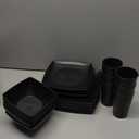 Teivio 24-piece Plastic Wheat Straw Square Dinnerware Set for 6, Unbreakable Dinner Plates, Salad Plates, Snack Bowls, Tumblers 13.5 oz, Dishwasher Safe, Outdoor Kitchen RV Dishes, Black