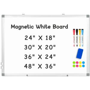 Double-Sided Magnetic Whiteboard, 24" x 18" Dry Erase Board Aluminum Frame for Wall, White Board Marker Board for Kitchen, Memo, School, Home, Office