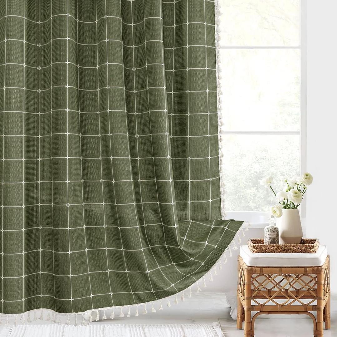 Gibelle Green Boho Farmhouse Shower Curtain with Tassels, Rustic Cottagecore Aesthetic Bohemian Chic Modern Bathroom Decor Thick Waffle Textured Fabric Shower Curtain Set with Hooks, 72x72
