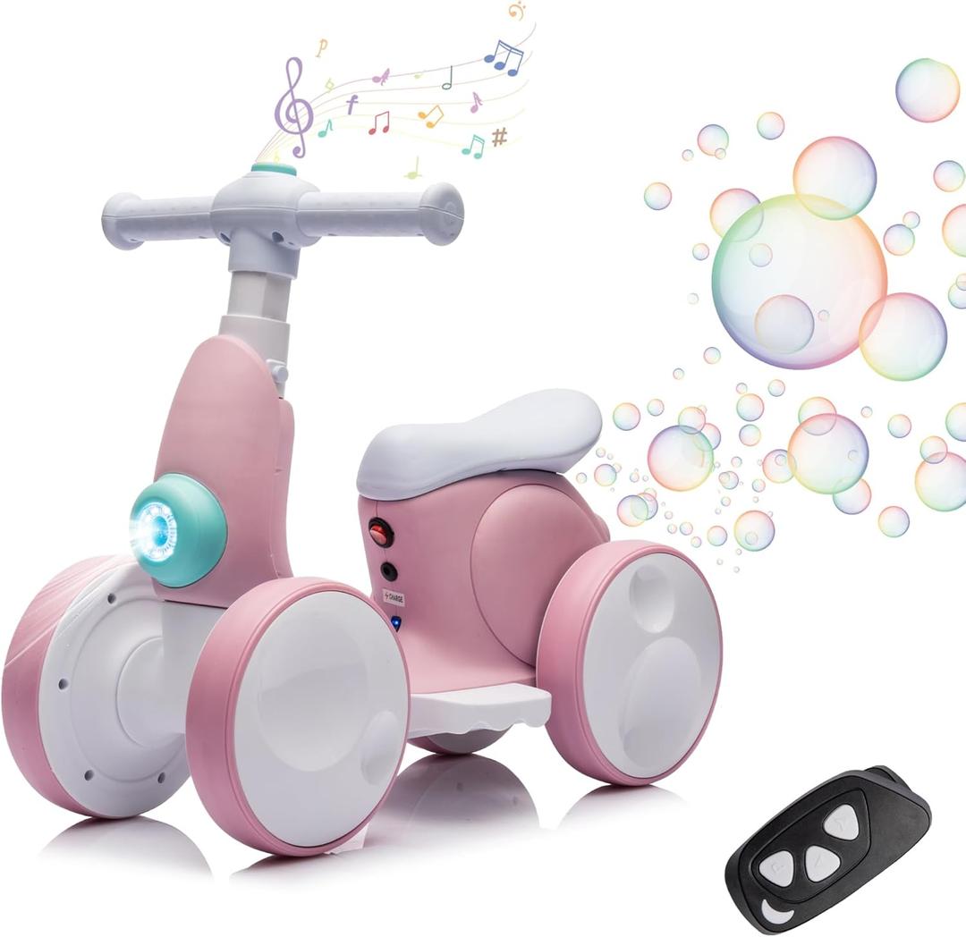 6V Electric Baby Balance Bike for 1 Year Old Boys Girls Ride on Toys 12-36 Months Toddler Balance Bike, 4 Wheels Kids First Bike with Remote Control First Birthday Gifts- Pink
