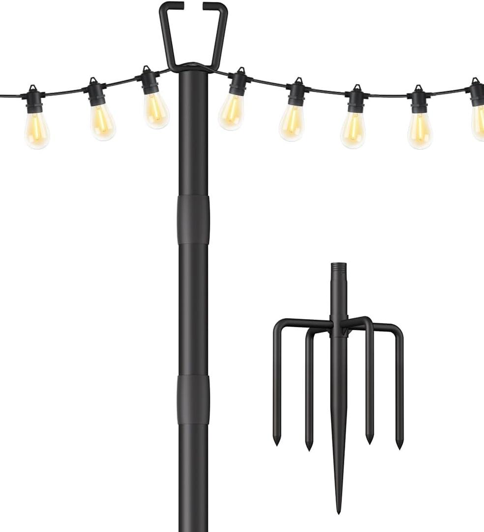 10FT String Light Poles for Outdoor Decor, Sturdy Light Pole with Fork, Adjustable Metal Posts for Outside Patio, Backyard, Deck, Garden, Party, Wedding