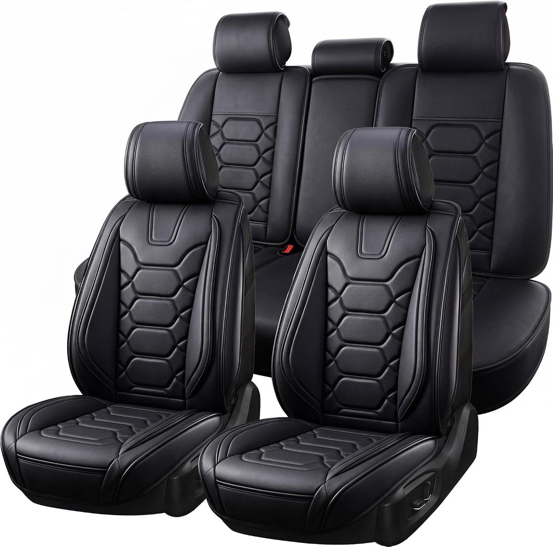 OASIS AUTO Car Seat Covers Full Set, Sporty Leather with Honeycomb Pattern, Waterproof Universal Fit for SUV, Sedan, Pick-up Truck, Automotive Interior Accessories (OS-004 Black)