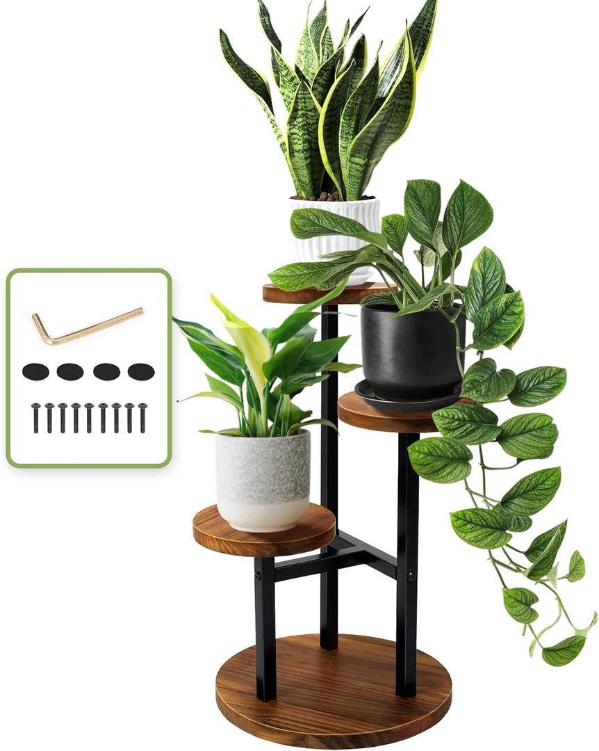 AUGOSTA 3 Tier Plant Stand, Tall Metal Wood Shelf Holder for Indoor, Outdoor Display Rack Flower Pot Stand for Corner Living Room Balcony Garden Patio