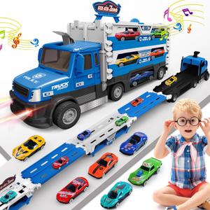 Carrier Trucks Toys for Kids, 4.6-FT Foldable 3 Layer Race Track Ejection Car and 6 Race Cars with Light&Sounds,Transport Truck Toddlers Toys Gifts for 3 4 5 6+ Year Old Boys Girls (Blue)