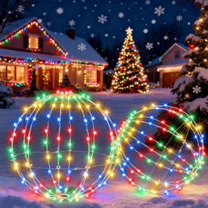 Joomer 2 Pack Christmas Big Ball Lights, 20IN & 18IN Foldable Metal Sphere Lights Waterproof with Timer, Plug-in Hanging Tree Globe Light for Christmas Decorations-Multicolor (Non-connectable)