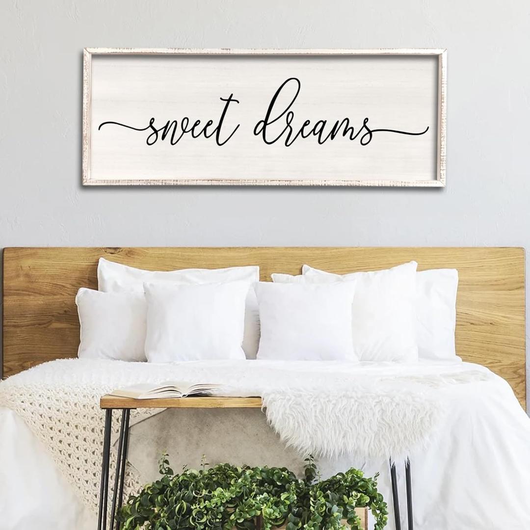 Sweet Dreams Wall Decor Above Bed 32''12'' Master Bedroom Large Sweet Dreams Sign Farmhouse Wall Decor Guest Room Wood Rustic Framed Wall Art Hanging Decoration (White)