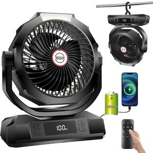 Sireck 40000mAh Battery Powered Camping Fan,12-Inch Portable Personal Fan with Remote,LED Lantern, 6 Speeds,Timer,Auto Oscillation,Digital Display Cordless Tent Fan (Black)