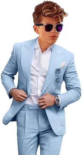 Boys Linen Suits Casual 2 Piece Summer Beach Wedding Tuxedo Suit for Boy Ring Bearer Outfit 12 Y Sky Blue