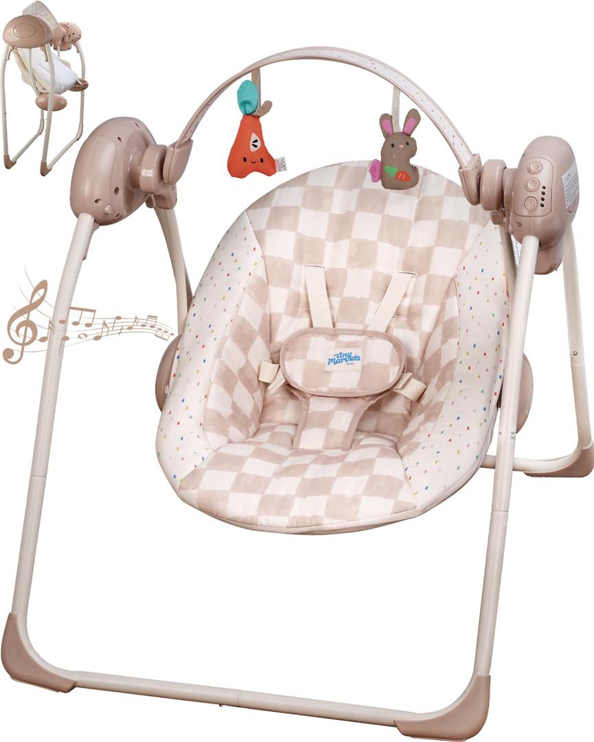 Baby Swings for Infants, Tiny Marvels Portable Swing with Adaptable Speed, Music, Removable-Toy-Bar, Foldable Infant Swing for Indoor and Outdoor Use, 0-9 Months 6-20 lbs(Sander Checker)
