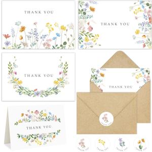 100 Pack Floral Thank You Cards with Envelopes, Watercolor Wildflower Thank You Notes with Kraft Envelopes Sticker for Birthday Wedding Baby Shower Bridal Shower Teachers Graduation, 4 x 6 Inch