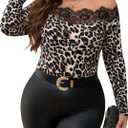 Floerns Women's Plus Size Leopard Print Lace Trim Off Shoulder Tee Shirts Y2K Long Sleeve Tops (4X-Large Plus, Multicolor)