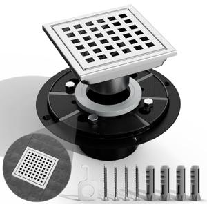 4 Inch Square Shower Drain with Flange,Brushed Nickel Shower Drain SUS 304 Stainless Steel Shower Floor Drain,Grid Quadrato Modern Bathroom Drain for Shower