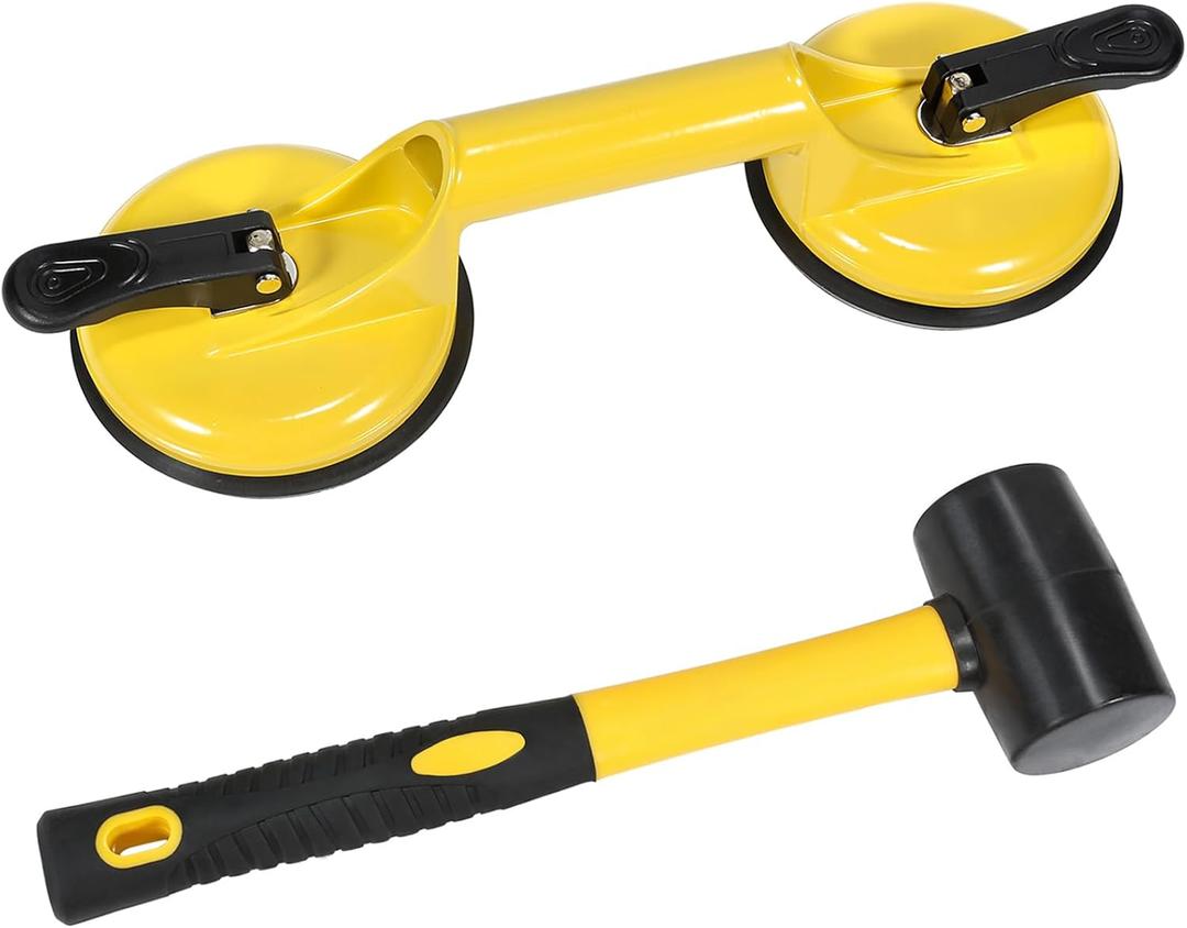 Floor Gap Fixer Tool for Laminate Floor Gap Repair Plank Grabber Includes Heavy Duty Aluminum Suction Cup and Fiberglass Handle Rubber Mallet (Can't Use on Scraped Surface Floor) (Yellow)