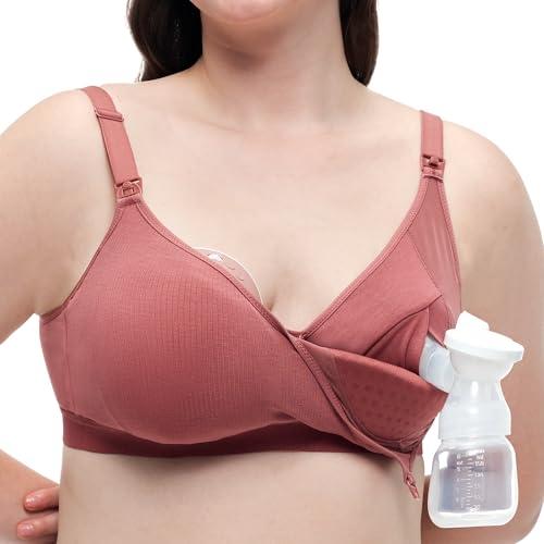Momcozy Hands-Free Pumping Bra, Wireless & Seamless HF010 Breast Pump Bra, Breathable Tencel™ Fabric & Fully Fixed Cups Dusty Rose, M