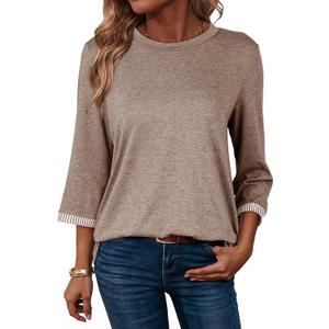 Dokotoo Women's Shirts Lightweight 2026 Summer Fashion 3/4 Length Sleeve T Shirts Casual Crew Neck Basic Blouses (Beige, XXL)