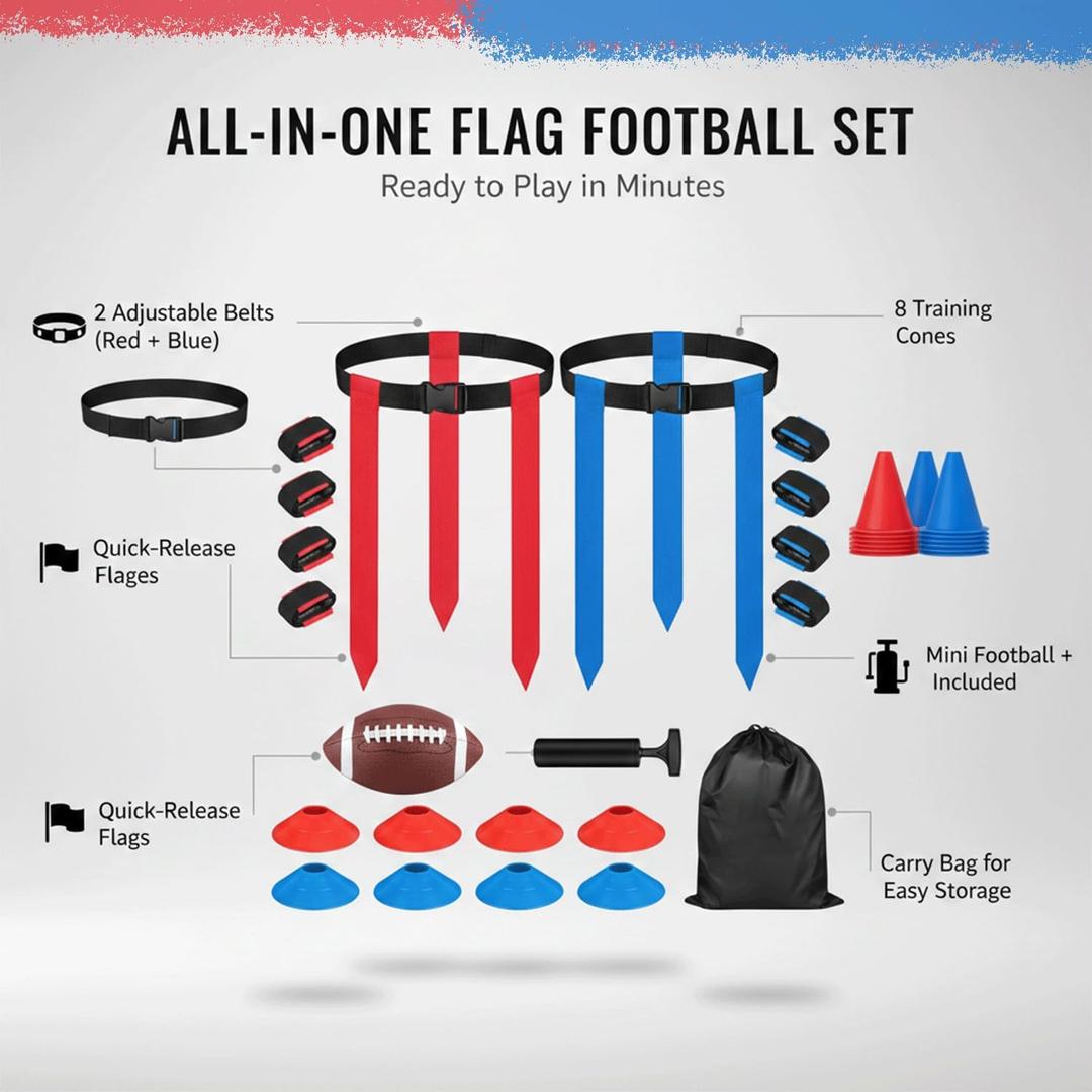 Flag Football Belts, Adjustable Flag Football Sets for 8 Players with 24 Flags, 8 Training Cones, Size 3 Ball, Pump and Bag, Youth Adults Outdoor Flag Football Game