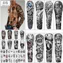 46 sheets Full Arm Skull Temporary Tattoos For Men Half Arm Shoulder Angel Tattoo for Ladies Fake Waterproof Wolf Lion Stone Tattoo Stickers For Adult or Kids (Black)