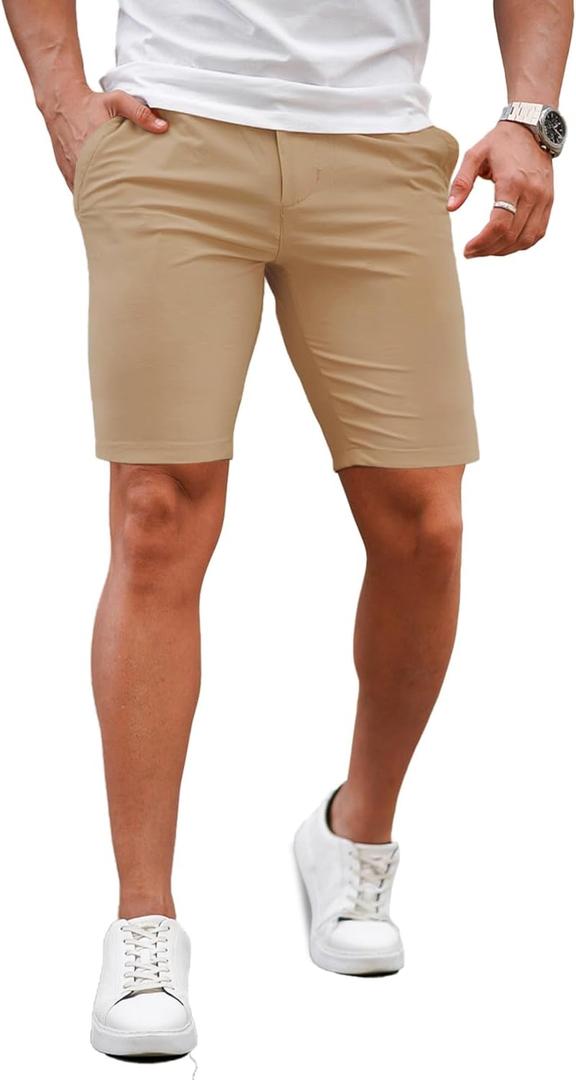 GINGTTO Mens Slim Fit Shorts 9" Inseam Stretch Chino Shorts (36, Khaki)
