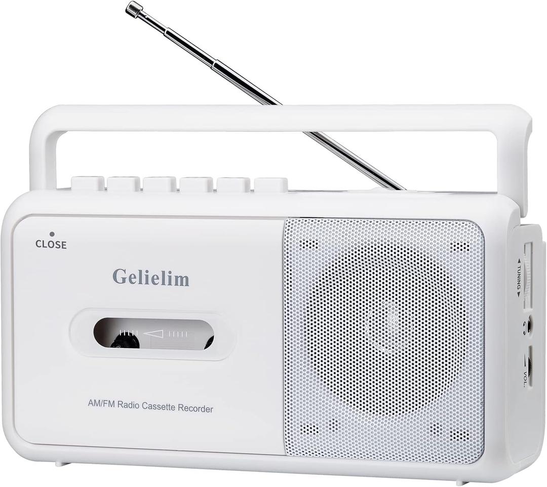 Gelielim Cassette Player Boombox, Portable AM/FM Radio Stereo, Cassette Tape Player Recorder with Big Speaker and Earphone Jack, Battery Operated or AC Powered Tape Recorder Cassette Player (White)