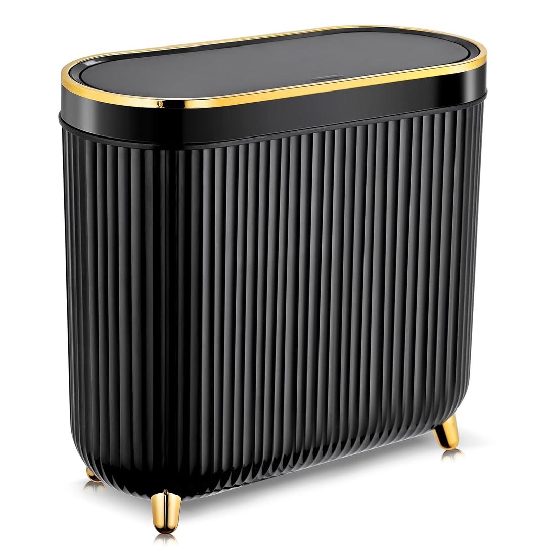 Supteron Bathroom Trash Can with Lid 3.1 Gallon Narrow Trash Can Small Plastic Trash Bin 12 Liter Rectangular Plastic Garbage Can with Press Type Lid for Bedroom Bathroom (Blackwhite)