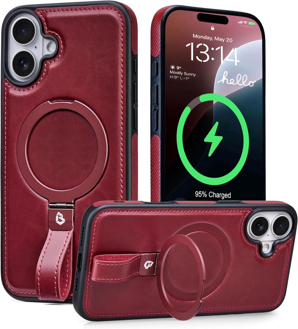 Butaiga for iPhone 17 Leather Case with Stand, Anti-Slip Grip Ring, Fits for MagSafe (Burgundy, iPhone 17)