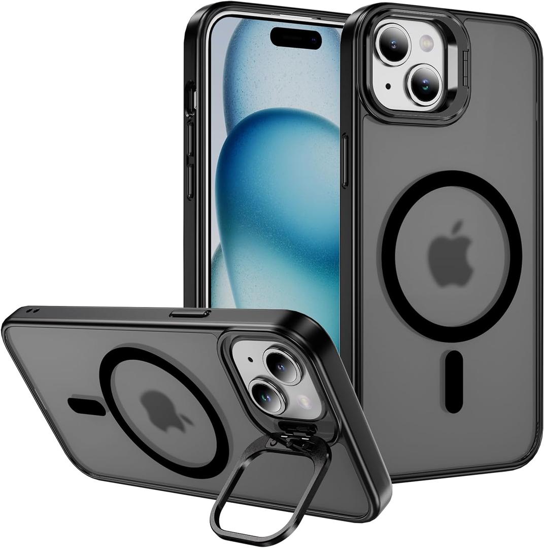 2 x for iPhone 15 Case Compatible with Magsafe, Translucent Matte Camera Kickstand iPhone 15 Case,Phone Case iPhone 15,Shockproof Heavy Duty Protective Cover Case for iPhone 15, C-Black
