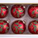 Kurt Adler 80MM Glass Red Berry and Holly Leaves 6-Piece Ball Ornament Set