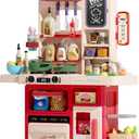 Kids Kitchen Playset Set, 63PCS Pretend Play Kitchen Toys for Toddlers, Cooking Stove with Steam Sound Light, Play Sink with Manual Faucet, Play Food Accessories Gift for Girls, 33H Red