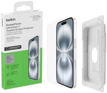 Belkin ScreenForce UltraGlass 2 Treated Screen Protector for iPhone 16, 15, & 14 Pro - Scratch-Resistant, 9H Hardness Tested Glass w/Slim Design & Easy Align Tray for Bubble-Free Application